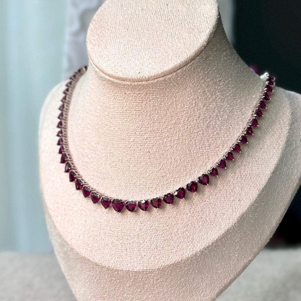 Natural rhodolite garnet hearts tennis necklace solid sterling silver